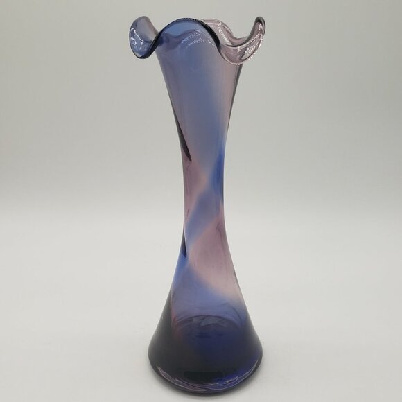 Blue Amethyst Swirl Ruffled Top Art Glass Bud Vase - Picture 12 of 12